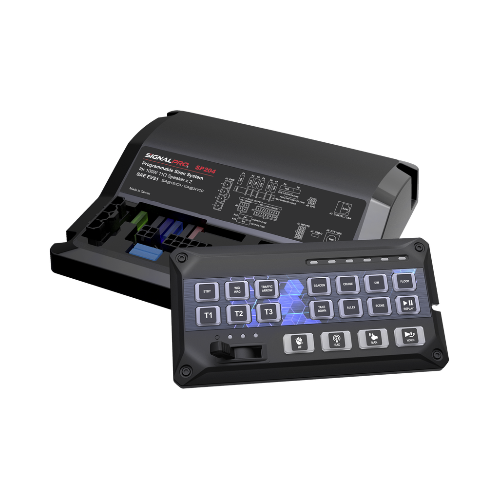 [SP204R] Sirena Vehicular de 200W de Potencia, Con Controlador de Panel Deslizante de 19 botones, indicador de flecha de tráfico de 6 LED, 12 Salidas Auxiliares