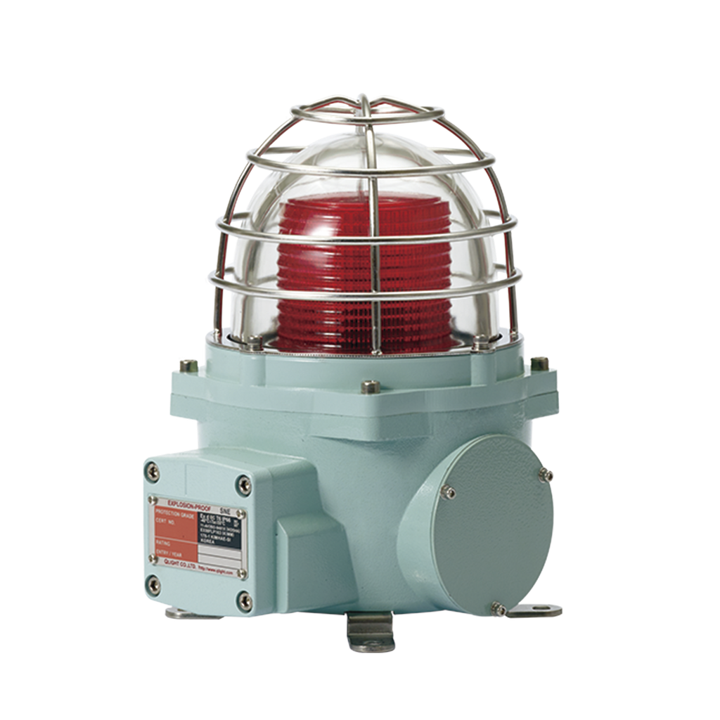 Baliza con luz LED color Rojo con patrón de destello fijo o flasheante, ideal para zonas y áreas peligrosas, opera en un rango de 12-24 VCD