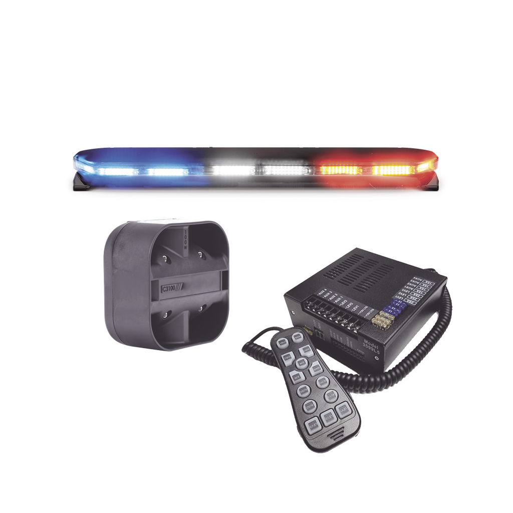 Kit de Sirena, Bocina y Torreta de 47, Serie 16 con 300 LEDs, Dual Color, Frente: Rojo/Blanco, Azul/Blanco, Trasero: Rojo/Ámbar, Azul/Ámbar