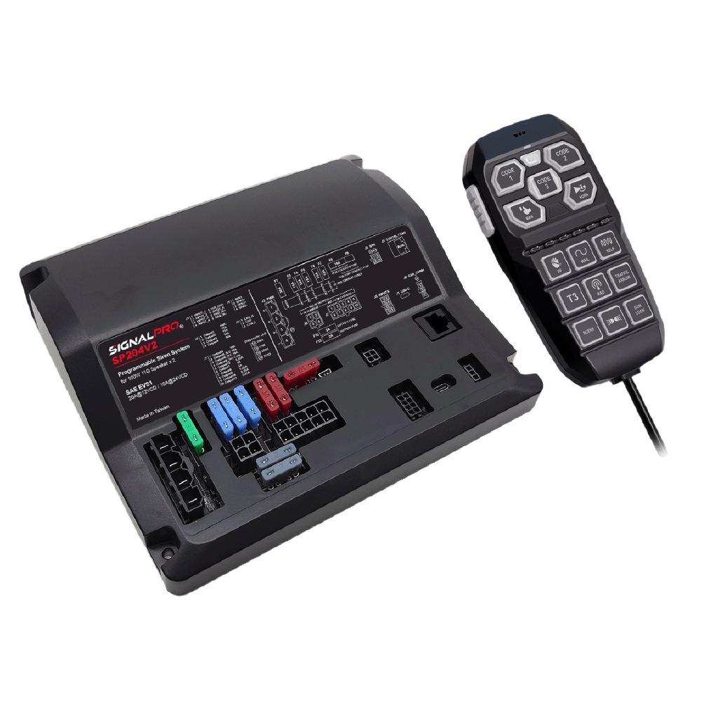 [SP204V2] Sirena Vehicular de 200W de Potencia, Programable, Con Controlador Unimando de 15 Botones Para Control de Tonos, 12 Salidas Auxiliares y Micrófono