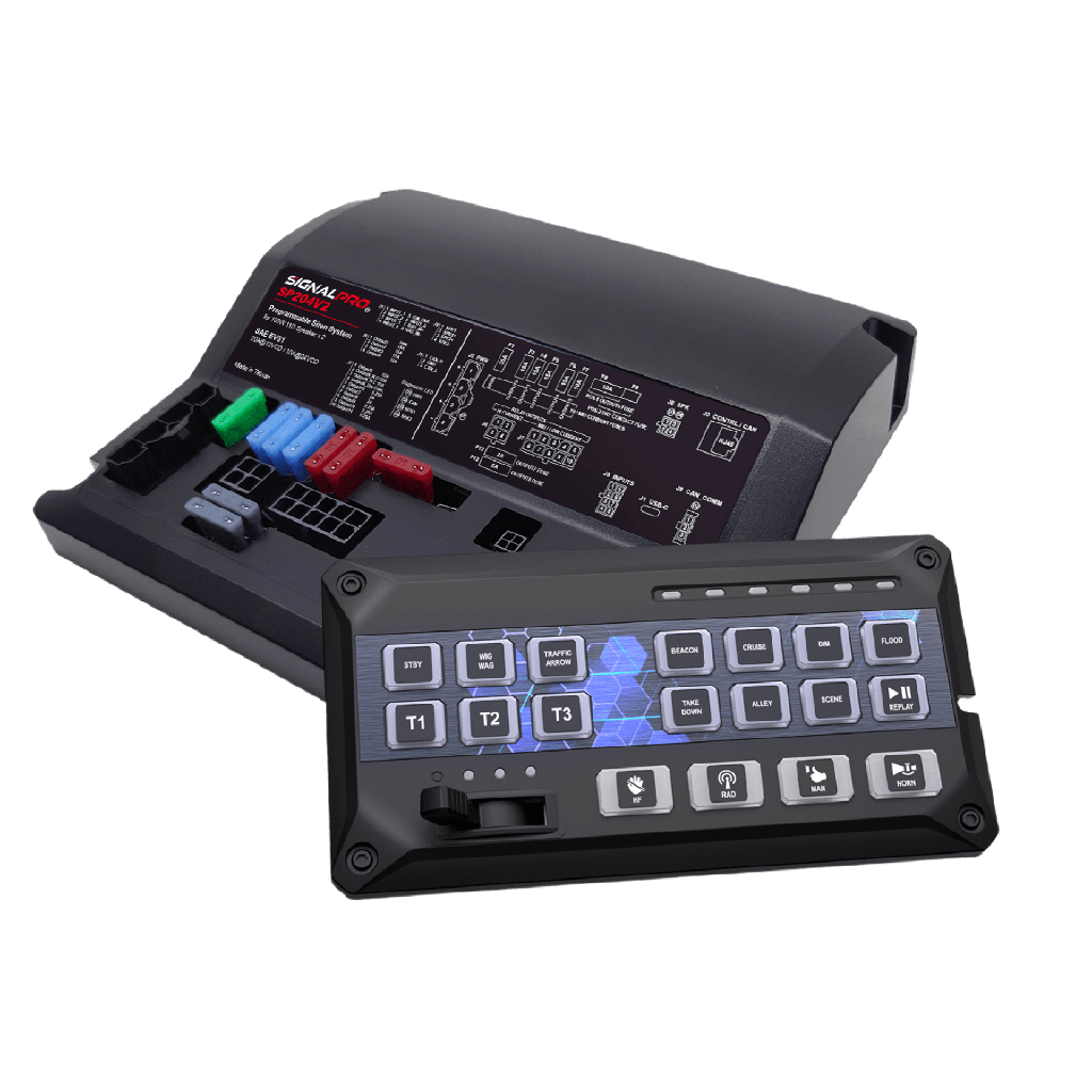 [SP204RV2] Sirena Vehicular de 200W de Potencia, Programable, Con Controlador de Panel Deslizante de 19 botones, indicador de flecha de tráfico de 6 LED, 12 Salidas Auxiliares