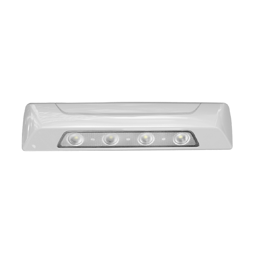 Luz de escena, 4 LED, bisel blanco, 12?24VCD, LED blanco y lente transparente