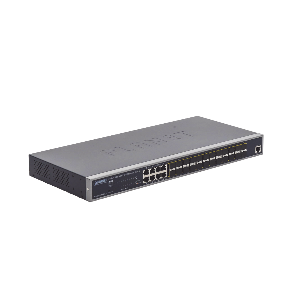 [GS-5220-16S8CR] Switch Administrable Capa 2 con Fuente de Alimentación Redundante, 24 Puertos SFP Gigabit 100/1000X, 8 Puertos Combo RJ45 Gigabit.