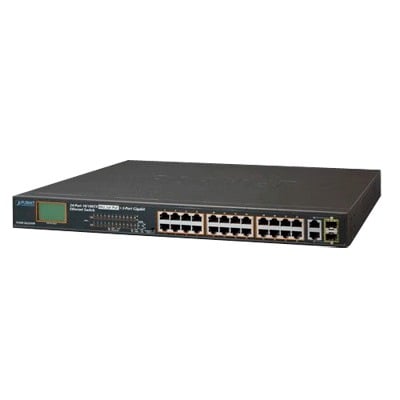 [FGSW-2622VHP] Switch No Administrable 24 Puertos PoE 10/100 802.3af/at, 2 Combo TP/SFP Gigabit y Pantalla LCD para Monitoreo y Configuración Básica de PoE, Hasta 300 Watts