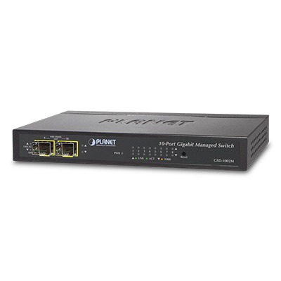 [GSD-1002M] Switch Administrable de Escritorio de 8 Puertos Gigabit/ 2 Puertos SFP / 20 Gbps Switching / PoE In 802.3af/at / Dual Power DC + PoE / VLAN Q-in-Q / IPv6/IPv4/  Administración Remota con CloudNMS