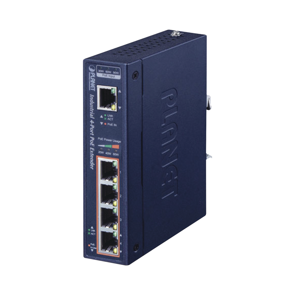 Extensor Industrial PoE, Entrada PoE 802.3 bt  y 4 Puertos de Salida Gigabit 802.3 af/at