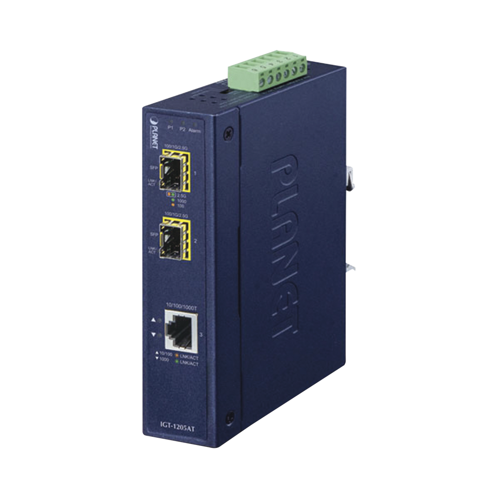 [IGT-1205AT] Convertidor de Medios Industrial de 1 Puerto Ethernet 10/100/1000 Base-T a 2 Puertos SFP 100/1000/2500 Base-X