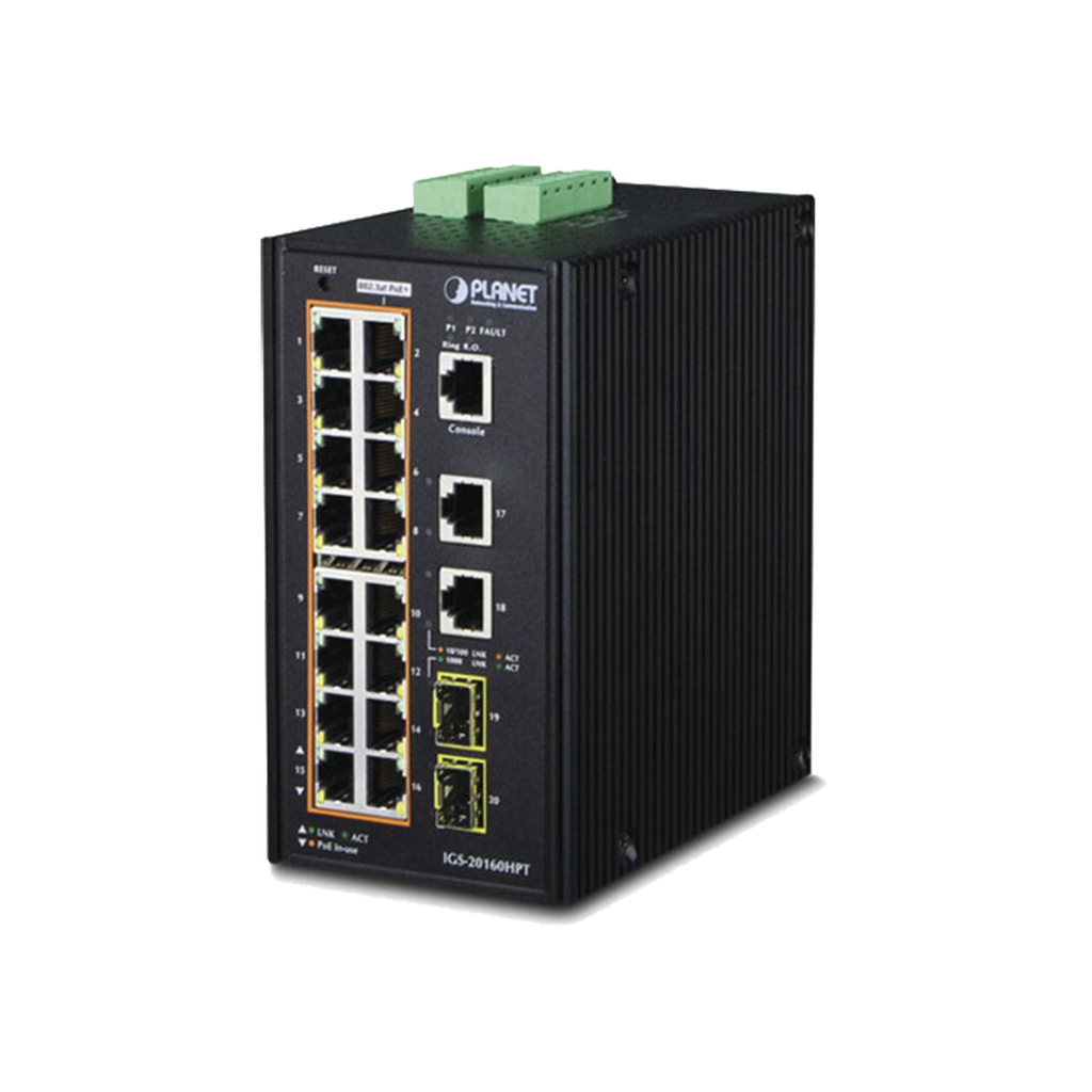 [IGS-20160HPT] Switch Industrial Administrable 16 puertos 10/100/1000 T 802.3at PoE + 2 Puertos 10/100/1000 T + 2 puertos 100/1000 X SFP