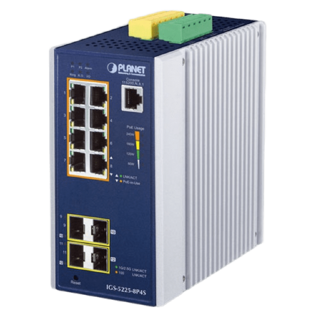 Switch Industrial Administrable Capa2, 8 Puertos Gigabit con PoE+ 802.3at, 2 Puertos SFP de 100/1G y 2 Puertos SFP de 100/1G/2.5G