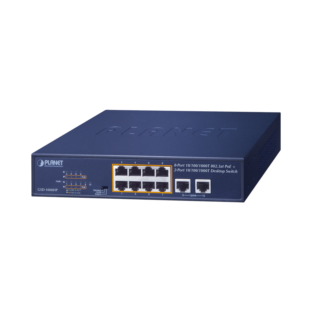 [GSD-1008HP] Switch de Escritorio No Administrable / 8 Puertos 10/100/1000T PoE+ 802.3at / 2 Puertos Uplink 10/100/1000T / Presupuesto PoE 120 Watts / Modos Estándar, VLAN y Extend / Distancia Extendida 250 mts / Rackeable