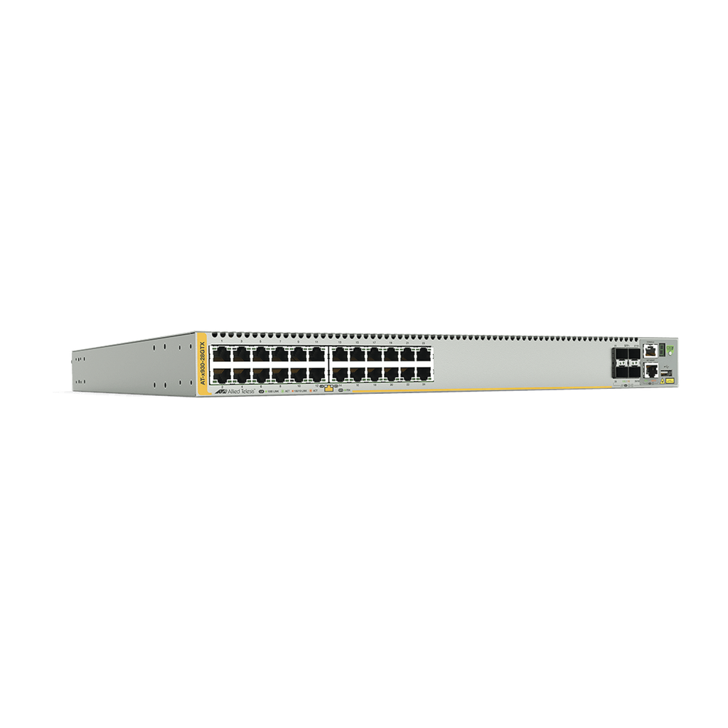[AT-X930-28GTX-901] Switch Stackeable Capa 3, 24 puertos 10/100/1000 Mbps + 4 puertos SFP+ 10 G y dos bahías hotswap PSU, Versión Federal