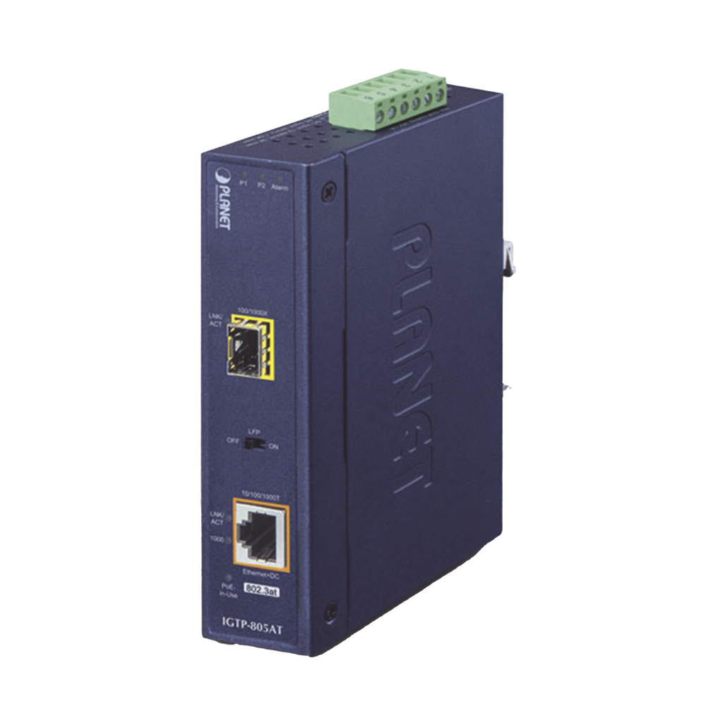 [IGTP-805AT] Convertidor de Medios PoE Industrial, Puerto SFP 1000BASE-SX/LX a Puerto RJ45 Gigabit con Salida PoE 802.3at (Hasta 30 W).
