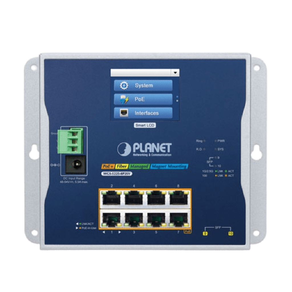 Switch Industrial Flat-Type 8 Puertos Gigabit C/PoE 802.3at, 2 Puertos SFP, LCD