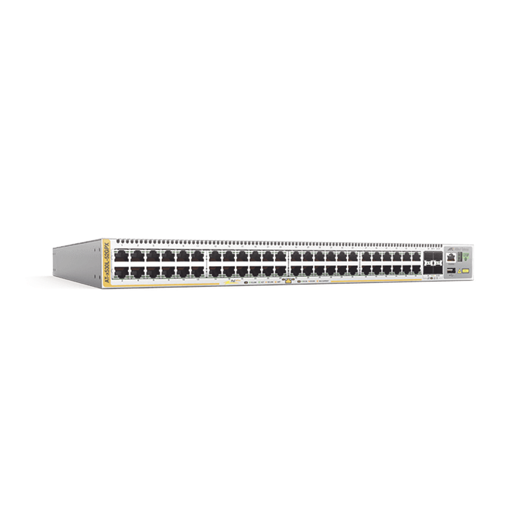 Switch PoE+ Stackeable Capa 3, 48 puertos 10/100/1000 Mbps + 4 puertos SFP+ 10 G, hasta 740 W, fuente redundante