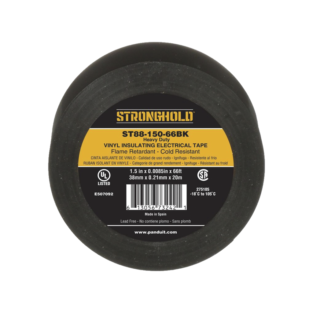 [ST88-150-66BK] Cinta Eléctrica STRONGHOLD para Aislar, de PVC, Trabajo Pesado Eléctrico Industrial (Soporta UV, abrasión, agua, aceite y corrosión), Grosor de 0.21 mm (8.5 mil), Ancho de 38 mm, y 20 m de Largo, Uso Interior/Exterior, Color Ne