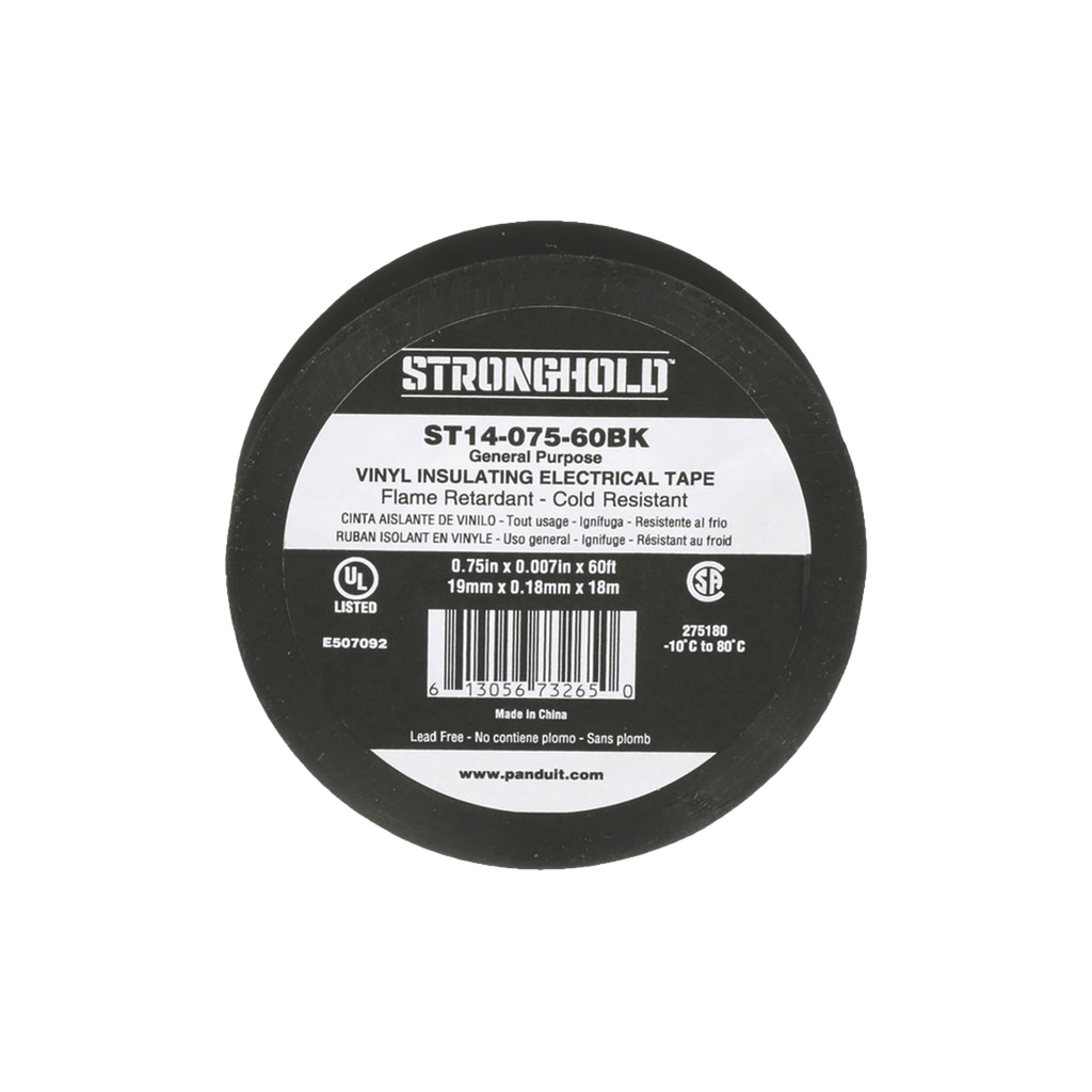 [ST14-075-60BK] Cinta Eléctrica STRONGHOLD para Aislar, de PVC, Uso General Reparación y Mantenimiento, Grosor de 0.18mm (7 mil), Ancho de 19mm, y 18m de Largo, Color Negro