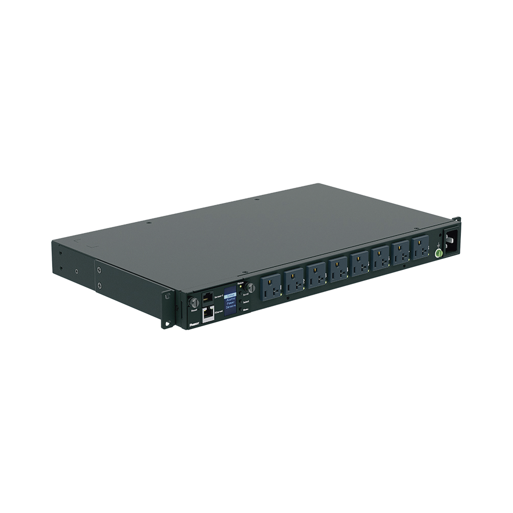 [P08E14M] PDU Switchable y Monitoreable por Toma (MS) para Distribución de Energía, Enchufe de Entrada NEMA 5-15P, Con 8 Salidas 5-20R, Horizontal 19in, 120 Vca, 15 Amp, 1UR