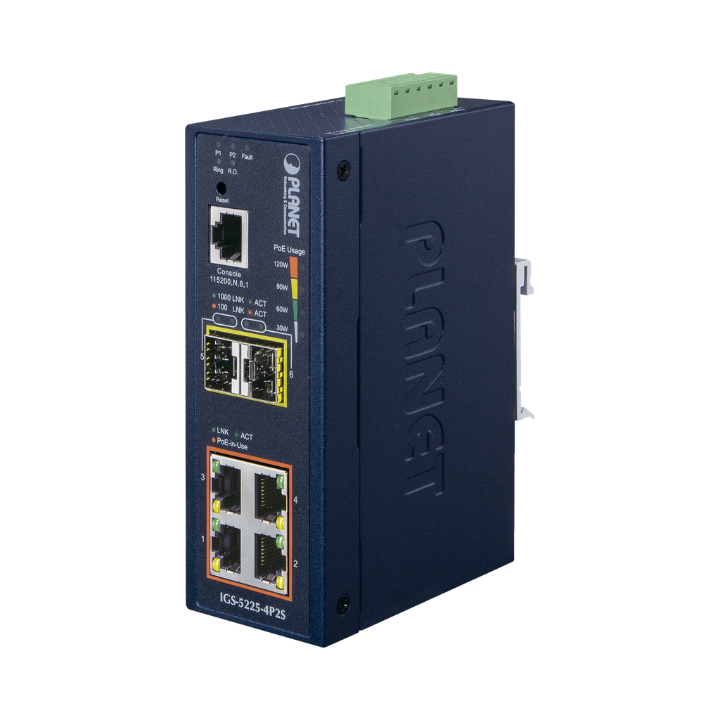 Switch Industrial Administrable Capa 2, 4 Puertos PoE 802.3af/at 10/100/1000T, 2 Puertos SFP 100/1000X