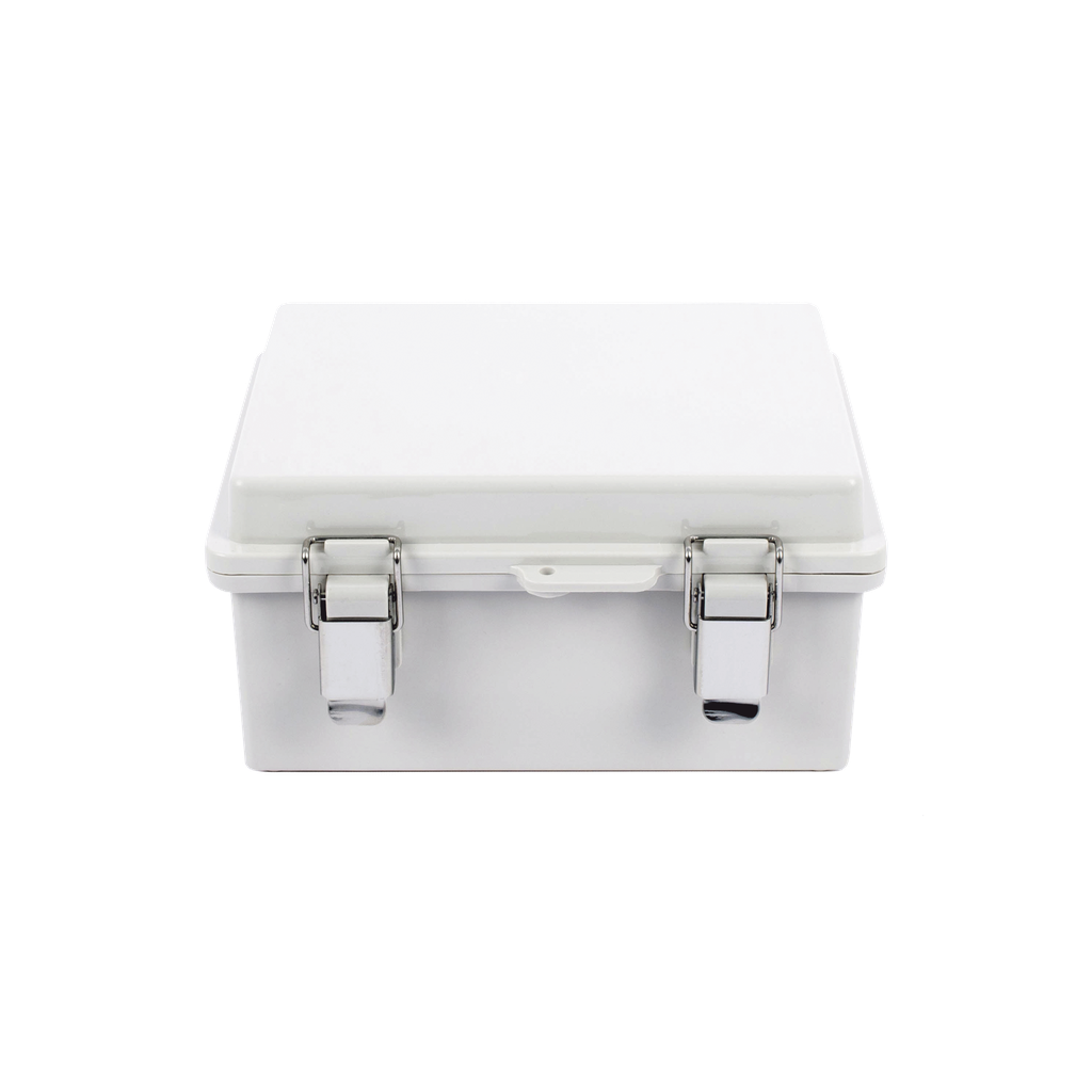 Gabinete de Plástico ABS, Uso en Intemperie IP66 (170 x 220 x 110 mm) Cierre por broche Inoxidable y Permite Cerrado con Candado y Llave (Perno 5mm) No Incluido