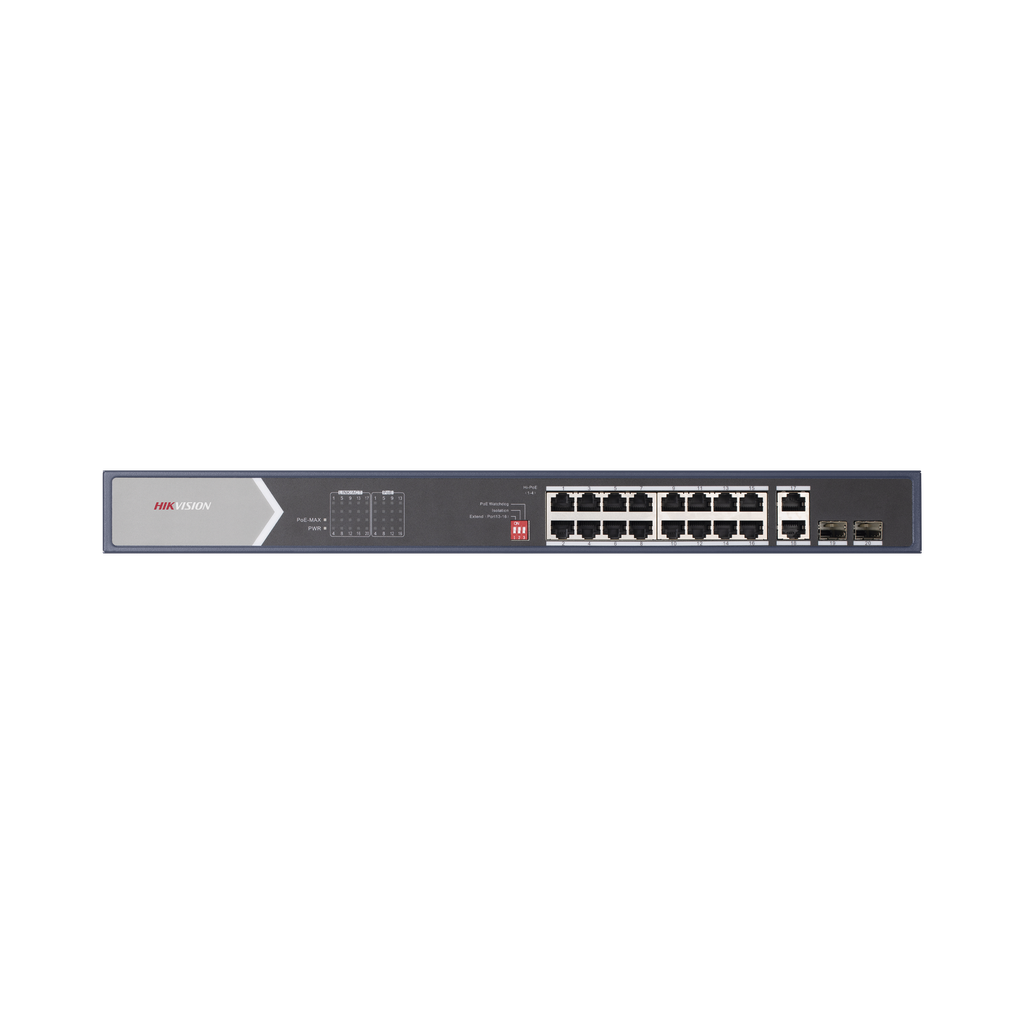 Switch Gigabit PoE+ / No Administrable / 16 Puertos 1000 Mbps PoE+ (4 Puertos PoE++ 90 W) / 2 Puertos 1000 Mbps Uplink + 2 Puertos SFP de Uplink / Modo Extendido hasta 300 Metros / 225 W