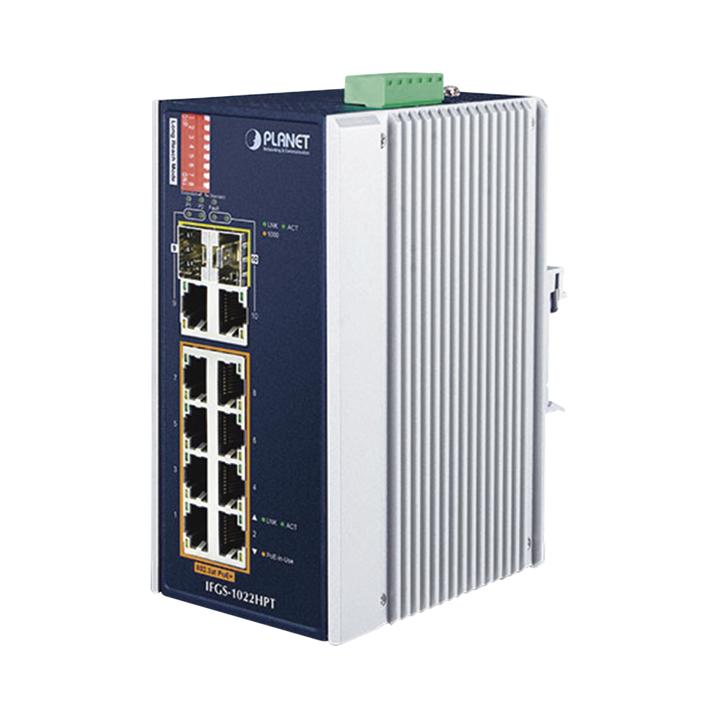 [IFGS-1022HPT] Switch Industrial PoE no administrable de 8 Puertos 10/100TX 802.3at,  Hasta 240 W, Combo TP / SFP Gigabit TP / SFP  (-40 ~ 75 grados C)