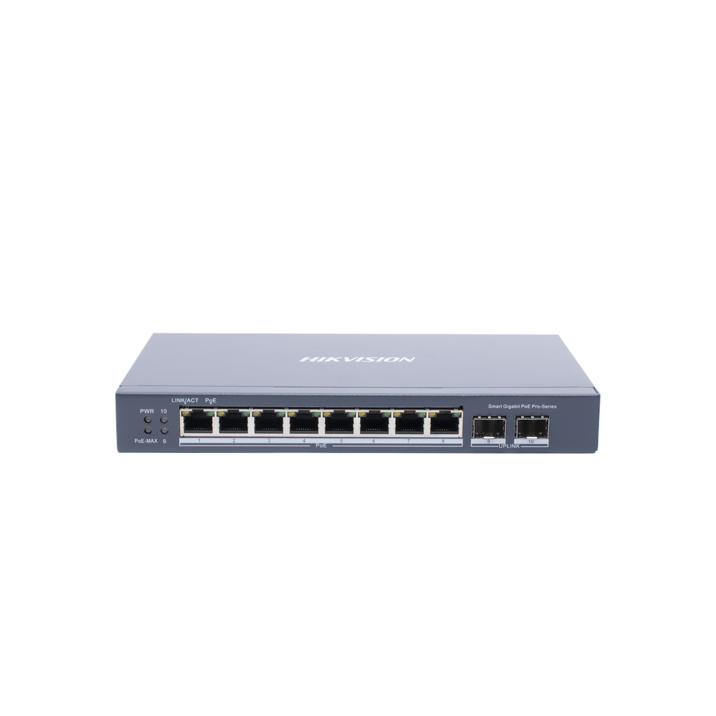 Switch Gigabit PoE+ / Administrable / 8 Puertos Gigabit PoE+ / 2 Puertos SFP / Configuración Nube Hik-Partner Pro / Modo Extendido hasta 300 Metros / 110 W