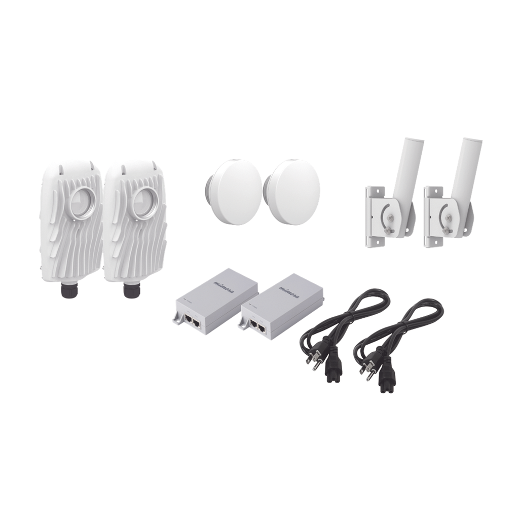 [B5X-PTP-KIT1] Kit de 2 radios B5X con 2 antenas de (12 dBi), rango de frecuencia extendida (4.9 a 6.4 GHz),  incluye inyector POE, cable de alimentación y 2 FLEXIMOUNT-XL para alineación, distancia de hasta 2 km