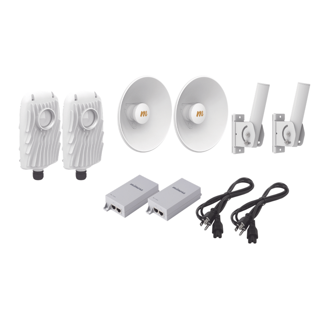 [B5X-PTP-KIT3] Kit de 2 radios B5X con kit de antenas (20dBi), rango de frecuencia extendida (4.9 a 6.4 GHz),  incluye inyector POE, cable de alimentación y 2 FLEXIMOUNT-XL para alineación, distancia de hasta 8 km