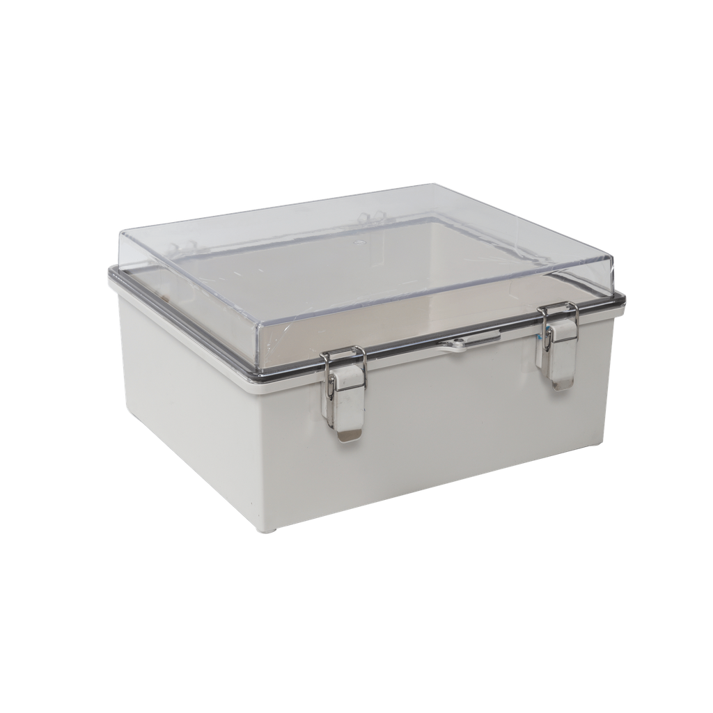 Gabinete Plástico ABS, Puerta Transparente, Uso en Intemperie IP66 (170 x 220 x 110 mm) Cierre por Broches Inoxidables y Permite Cerrado por Candado y Llave (Perno 5mm) No Incluido