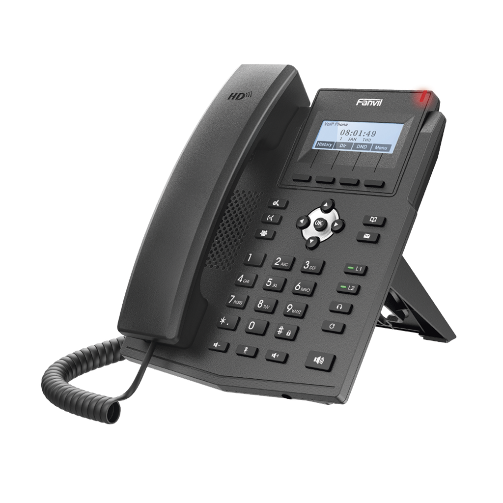 Teléfono IP empresarial para 2 lineas SIP con pantalla LCD,  Puertos Gigabit, Códec Opus, conferencia de 3 vías, PoE.