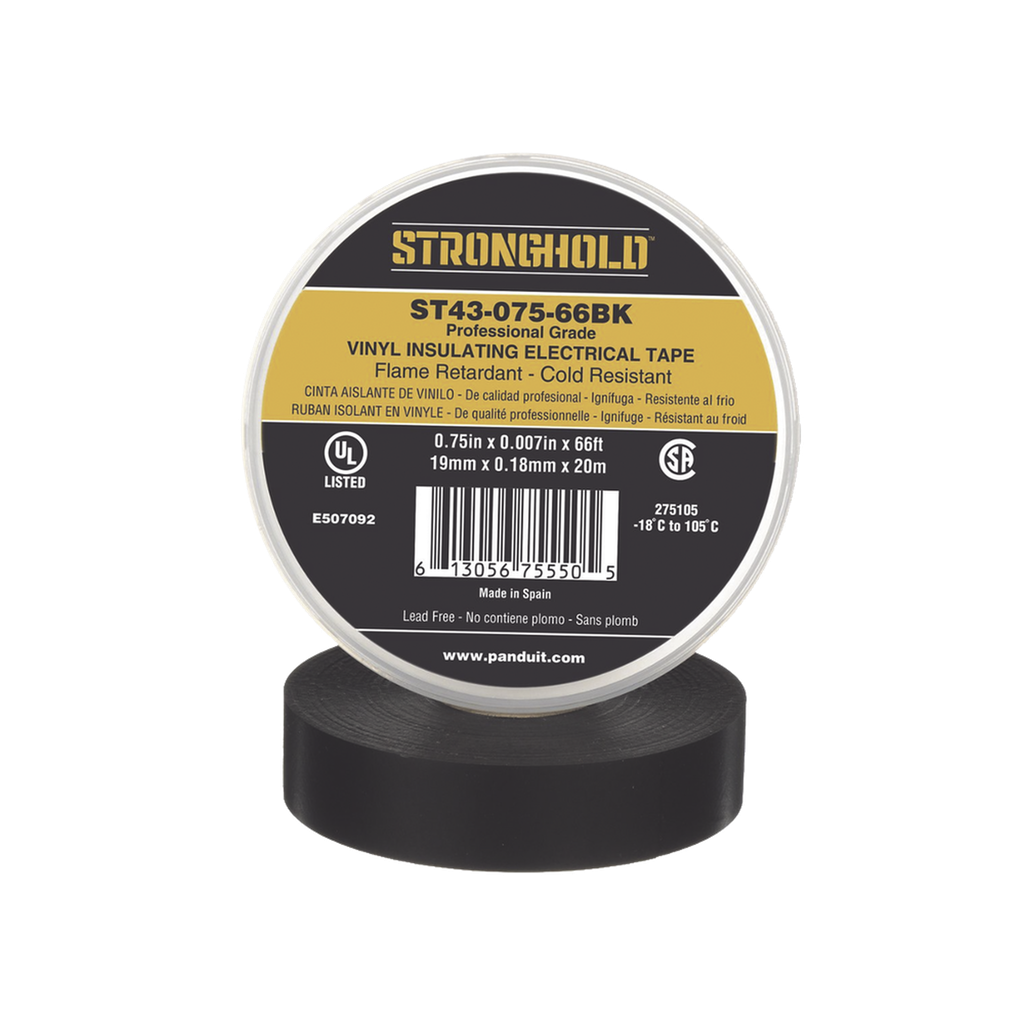 Cinta Eléctrica STRONGHOLD para Aislar, de PVC, Uso Profesional en Construcción Eléctrica, Grosor 0.18mm (7 mil), Ancho 19mm, y 20m Largo, Color Negro.