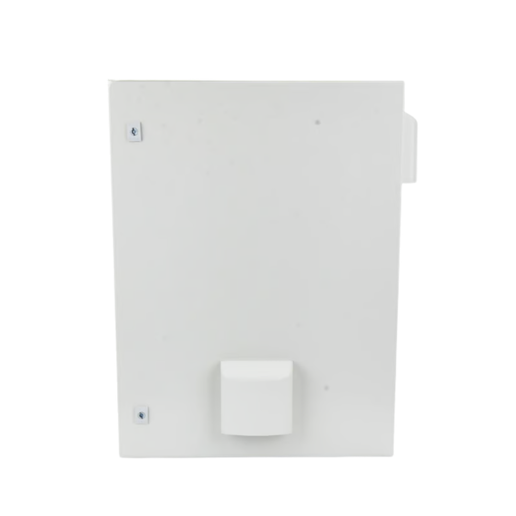 Gabinete Ventilado de Acero IP55 Uso en Exterior (600 x 800 x 300 mm) con Placa Trasera Interior Metálica y Compuerta Inferior Atornillable. Incluye Ventilador, Ventilas, filtros, Chapas y Llave T.