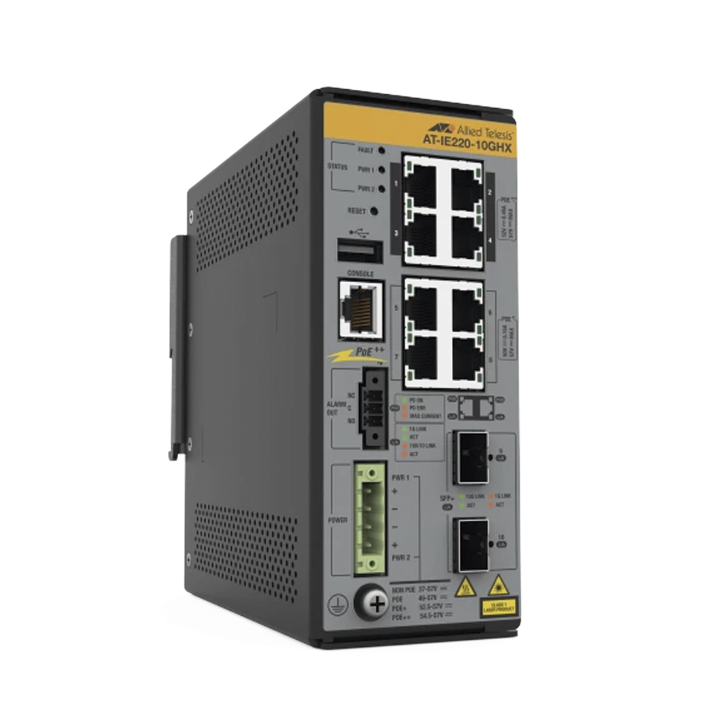 [AT-IE220-10GHX-980] 8x 10/100/1000T, 2x 1G/10G SFP+, Industrial Ethernet, Layer 2+ Switch, PoE++ (TAA)