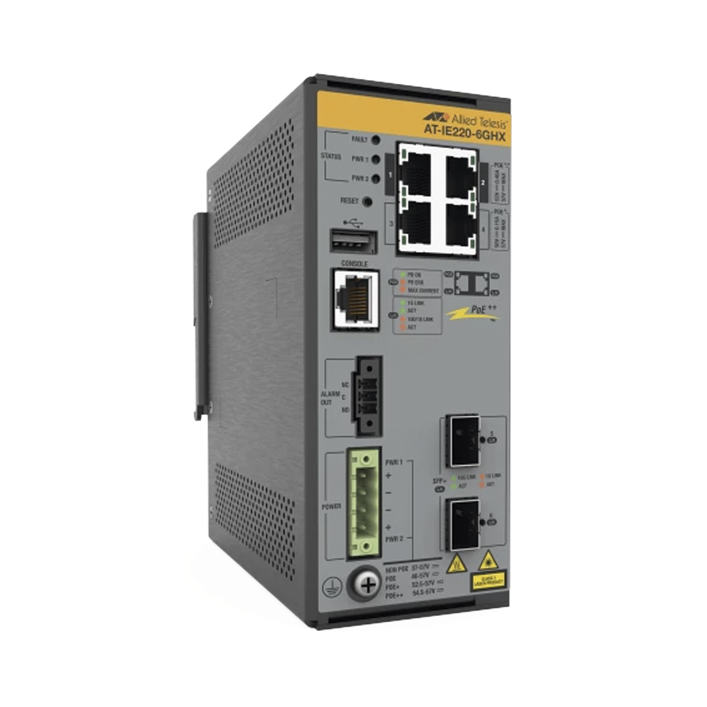 [AT-IE220-6GHX-980] Switch Industrial L2+, Puertos 4x 10/100/1000T con PoE++, 2x 1G/10G SFP+, PoE++ (TAA)