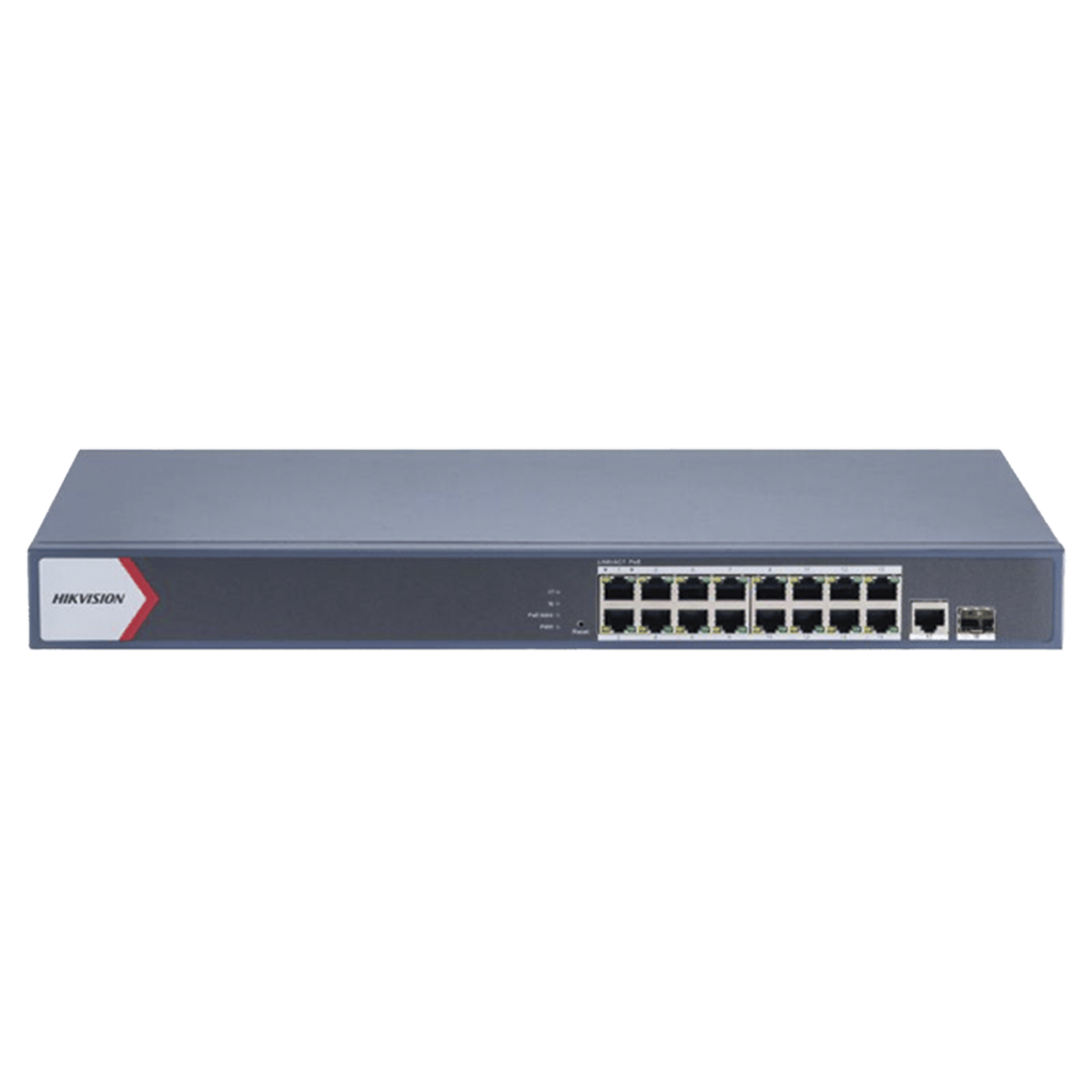 Switch Gigabit PoE+ / Monitoreable / 16 Puertos 1000 Mbps PoE+ / 1 Puerto 1000 Mbps de Uplink / 1 Puerto SFP /  Configuración Nube desde Hik-PartnerPro / Modo Extendido hasta 300 Metros / 130 Watts