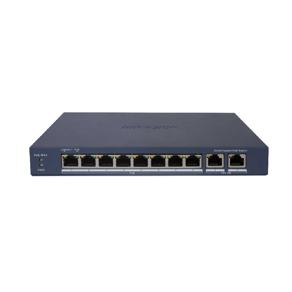 Switch Gigabit PoE+ / Administrable / 8 Puertos Gigabit PoE+ / 2 Puertos Gigabit / Configuración Nube Hik-Partner Pro / Modo Extendido hasta 300 Metros / 110 W