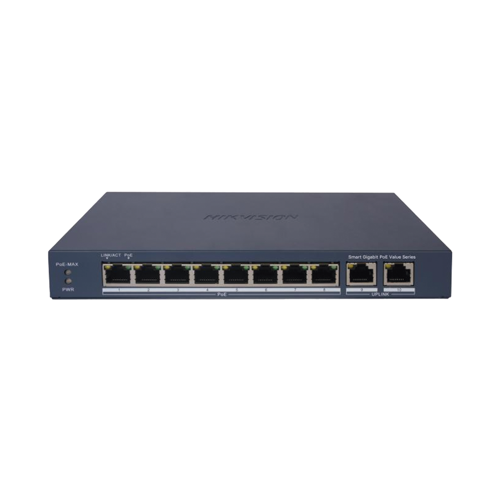 Switch Gigabit PoE+ / Administrable / 8 Puertos 1000 Mbps PoE+ / 2 Puertos 1000 Mbps de Uplink / Configuración Nube Hik-PartnerPro / Modo Extendido hasta 300 Metros / 60 W