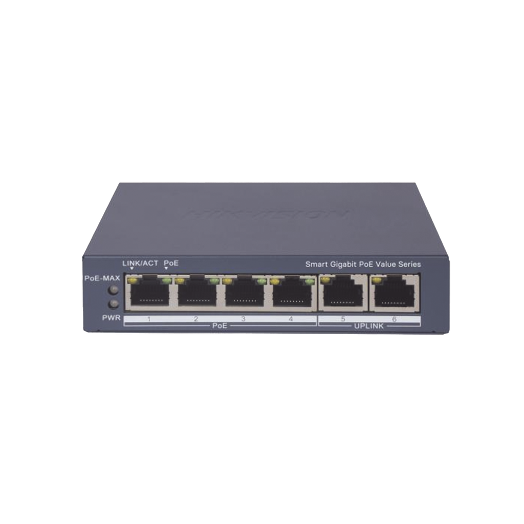 Switch Gigabit PoE+ / Administrable / 4 Puertos 1000 Mbps PoE+ / 2 Puertos 1000 Mbps Uplink / Configuración Nube Hik-PartnerPro / Modo Extendido hasta 300 Metros / 45 Watts