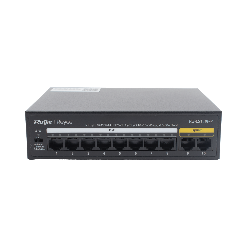Switch PoE+ no Administrable, Hasta 110 Watts, 8 puertos PoE+ y 2 Uplinks 10/100