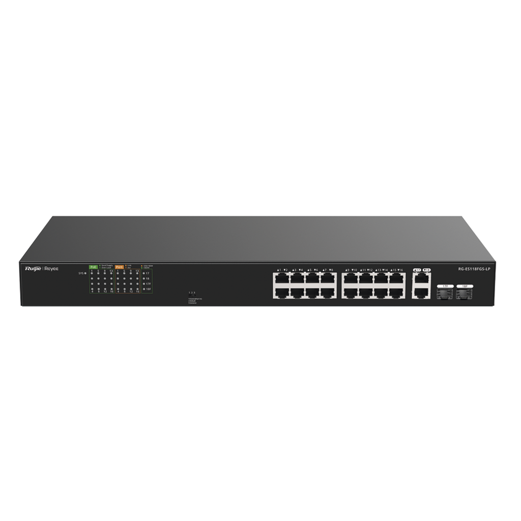 Switch PoE+ no Administrable, Hasta 120 Watts, Ideal para CCTV, 16 Puertos PoE +10/100, 2 Uplinks Gigabit y 2 SFP COMBO