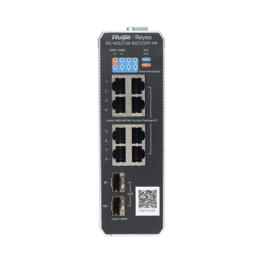 Switch Industrial PoE hasta , Ideal para temperaturas Extremas y protección contra descargas, 1 x PoE++ Port, 7 x PoE+ Ports, and 2 x SFP Uplink Ports