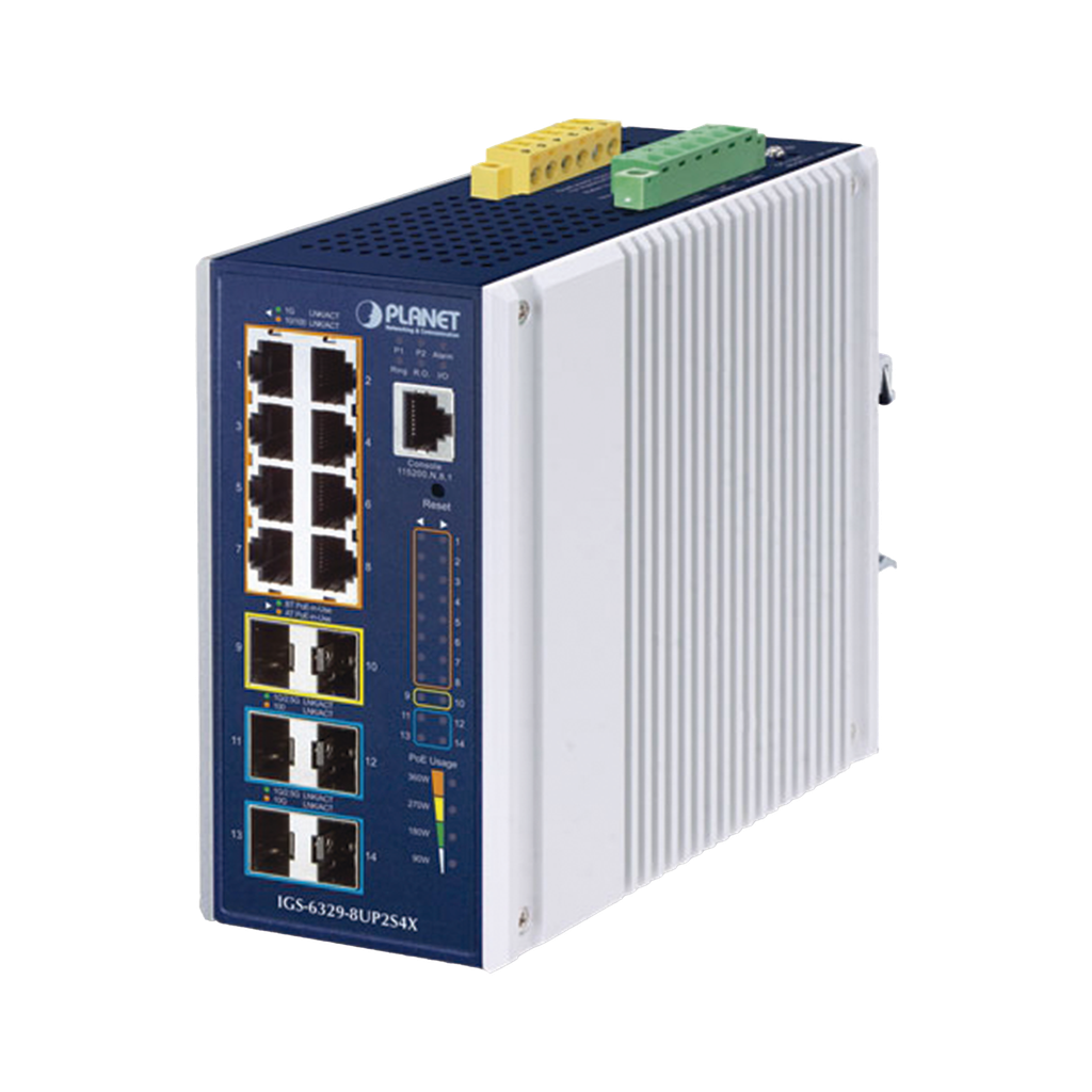 [IGS-6329-8UP2S4X] Switch Industrial Capa 3 de 8 Puertos 10/100/1000T PoE 802.3bt, 2 Puertos SFP 1 G/2.5 G, 4 Puertos SFP 10G, Instalación en Pared o Puerto DIN.