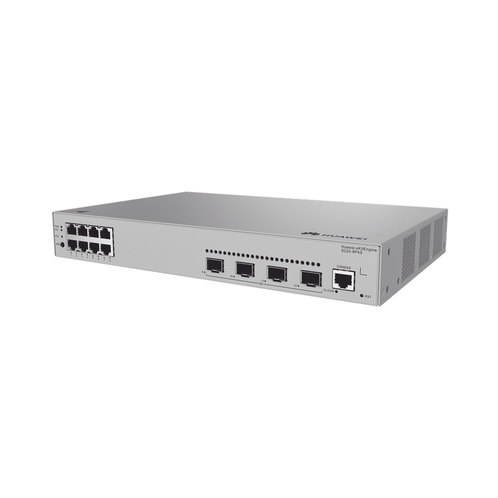 Switch de acceso eKit Administrable / Capa 2 / 8 Puertos PoE+ Gigabit + 4 SFP + Puerto Consola / PoE Perpetuo / Presupuesto PoE 125 W / Sin licenciamiento