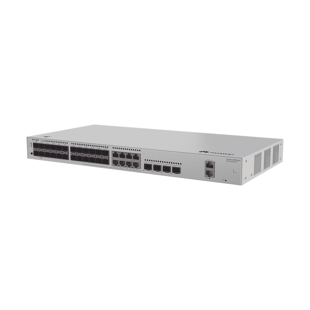 Switch de Distribución/Core Gigabit Administrable  Capa 3 / 24 puertos 1GE SFP ( Combo con 8 Puertos 10/100/1000 Mbps) / 4 Puertos 10GE SFP+ Uplink / ERPS / Rutas Estáticas / iStack / Administración Nube Gratis