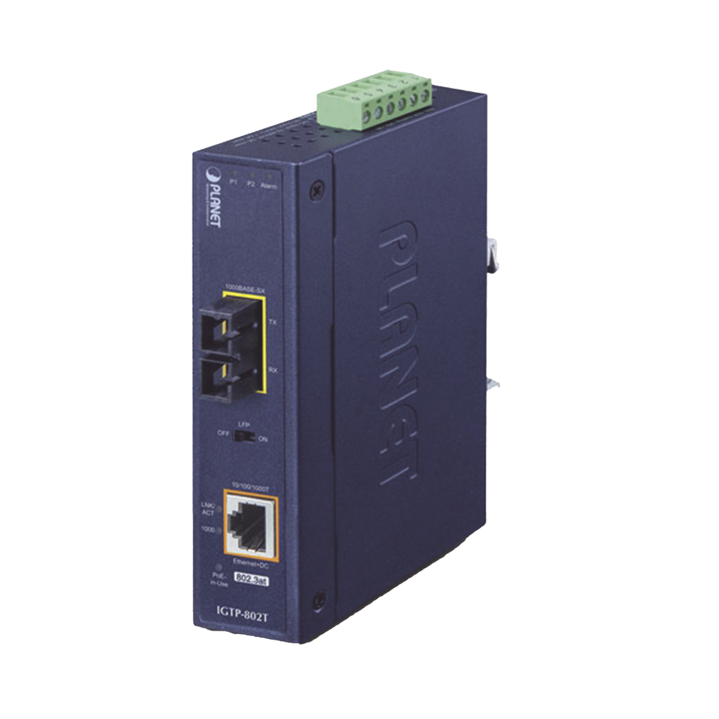 Convertidor de medios industrial PoE+ 1000BASE-SX a 10/100/1000BASE-T 802.3at (SC,MM) -550 m