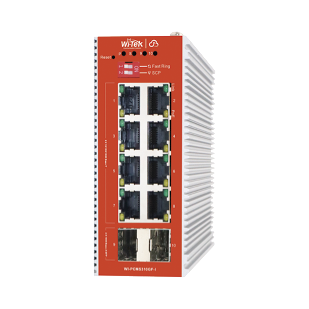 Switch L2+ PoE Industrial / Administración Cloud-Web-CLI / 8 Puertos PoE af/at 100/1000 Mbps / 2 Puertos SFP Gigabit / Presupuesto PoE 120 W / Protocolo ERSP (redundancia enlaces)