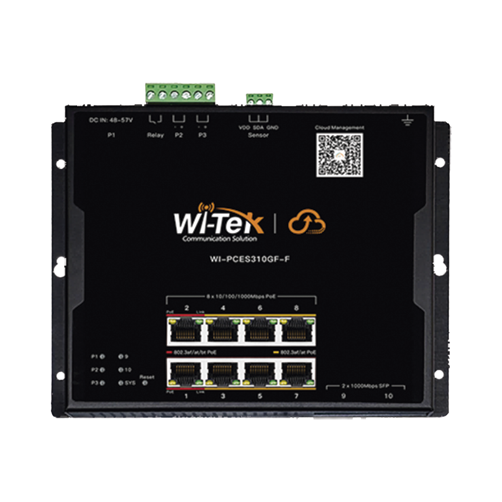 Switch L2 PoE Industrial / Administración Cloud Gratuita / 8 Puertos PoE af/at/bt 10/100/1000 Mbps / 2 Puertos SFP Gigabit / Máx Presupuesto PoE 145 W / Montaje Magnético - Riel DIN.