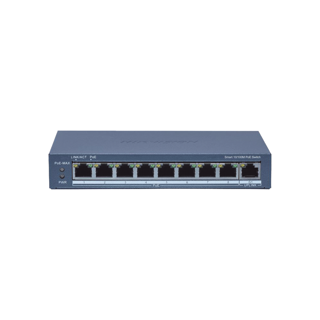 Switch Administrable PoE+ / 8 puertos 100 Mbps PoE+ / 1 puerto 1000 Mbps de Uplink / PoE hasta 300 Metros / Conexión Remota desde Hik-ParnerPro / 110 W