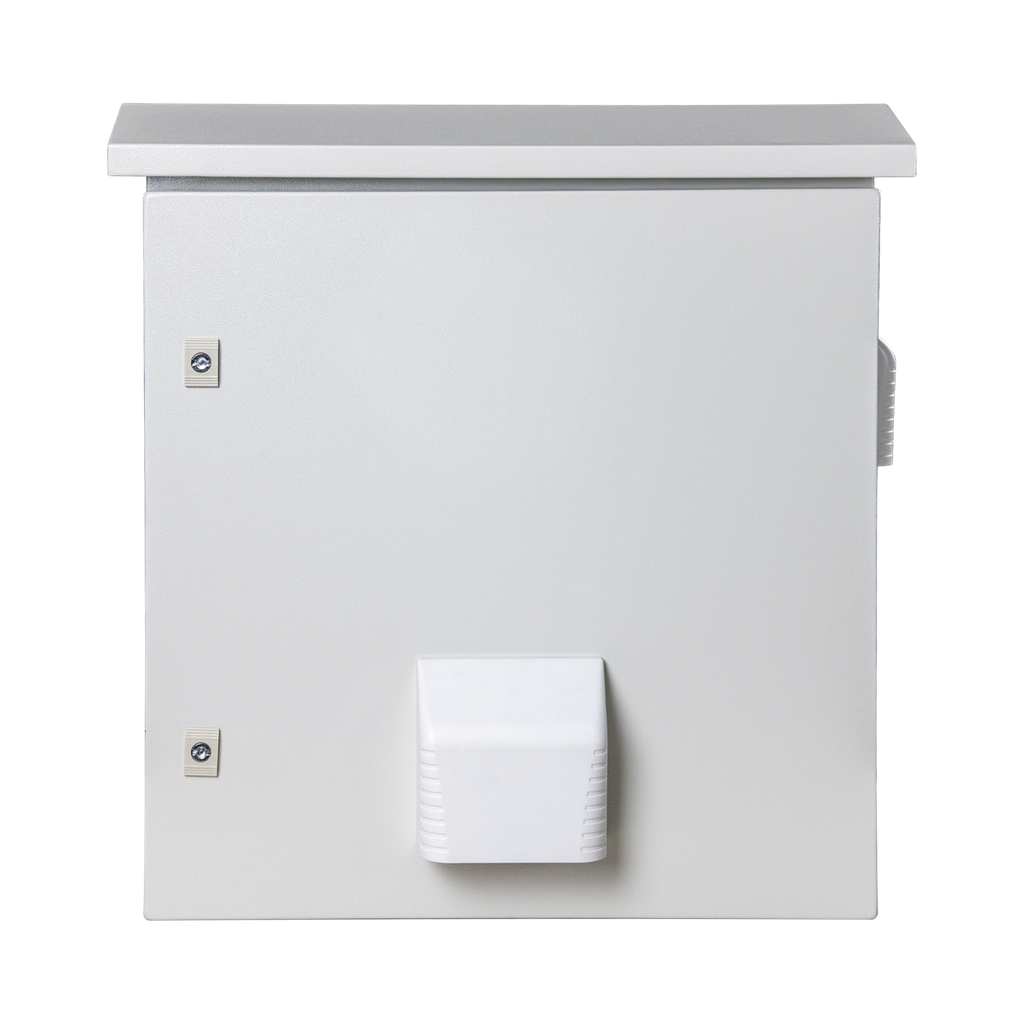 Gabinete Ventilado de Acero IP55 Uso en Exterior (593 x 609 x 399 mm) con Placa Trasera Interior Metálica y Compuerta Inferior Atornillable. Incluye Ventilador, Ventilas, filtros, Montaje Rack 19, Terminal de Tierra Física, Chapas y Ll