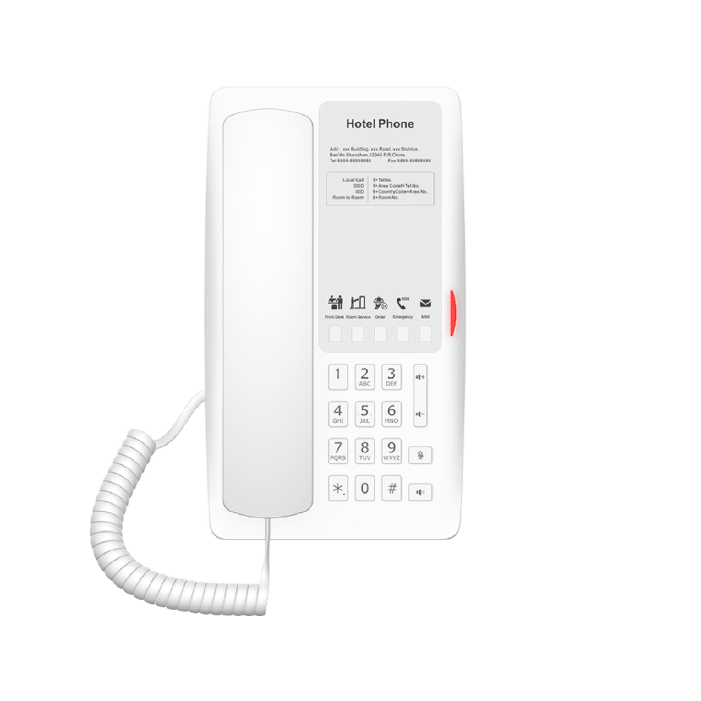 Teléfono IP para Hotelería, Puerto USB-A para Carga, 5 Teclas Programables para Servicio Rápido (Hotline), Plantilla Personalizable con PoE